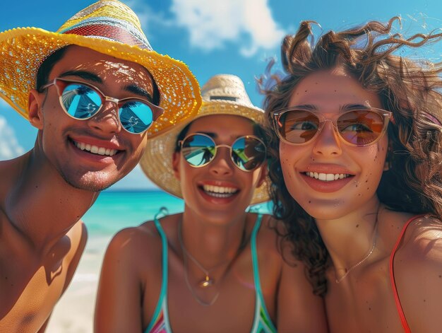 Des amis se détendent sur la plage Un moment heureux