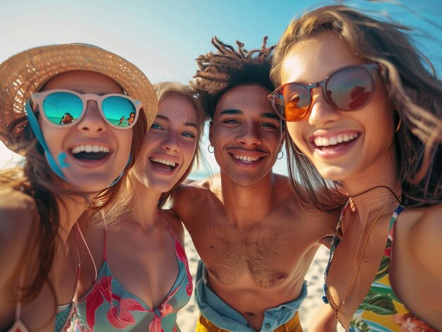 Des amis se détendent sur la plage Un moment heureux