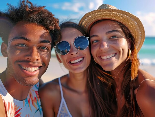 Des amis se détendent sur la plage Un moment heureux