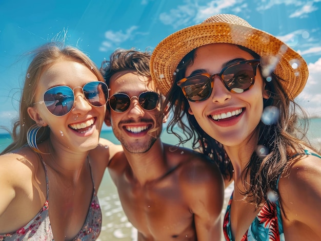 Des amis se détendent sur la plage Un moment heureux