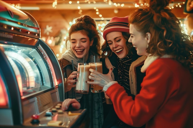 Des amis se rassemblent autour d'un jukebox en sirotant des milkshakes, en riant et en dansant sur des morceaux classiques.