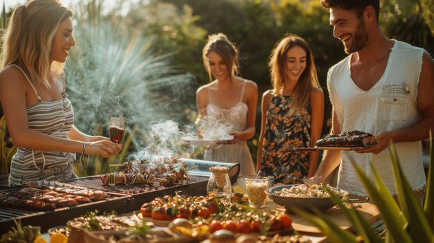 Des amis se rassemblent pour un barbecue avec de la nourriture grillée et des boissons par une journée ensoleillée