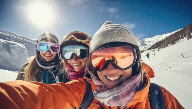 Amis selfie ensemble dans une station de ski