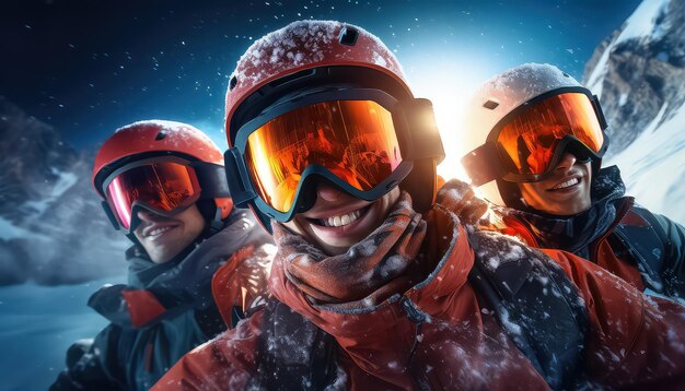 Amis selfie ensemble dans une station de ski