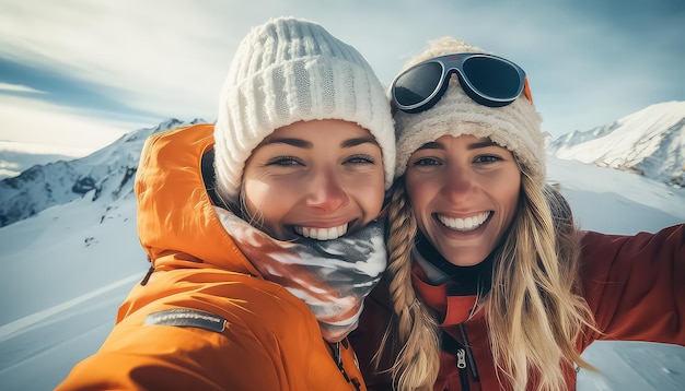 Amis selfie ensemble dans une station de ski