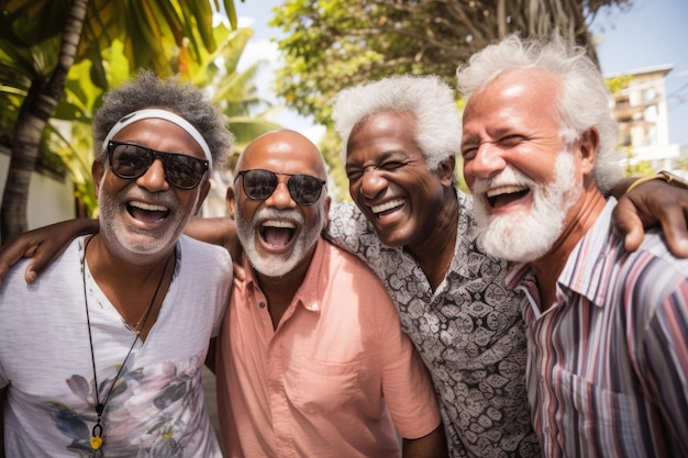 Des amis seniors heureux qui rient et s'amusent en vacances.