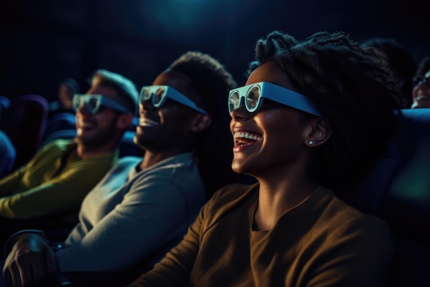 des amis souriants avec des lunettes regardent attentivement un film au cinéma