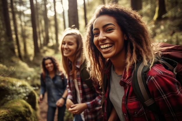 Amis souriants en randonnée dans une forêt créée avec une IA générative