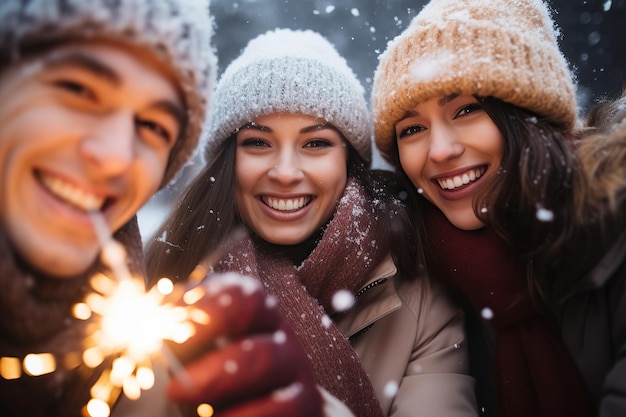 Amis tenant des cierges magiques ensemble en hiver AI généré