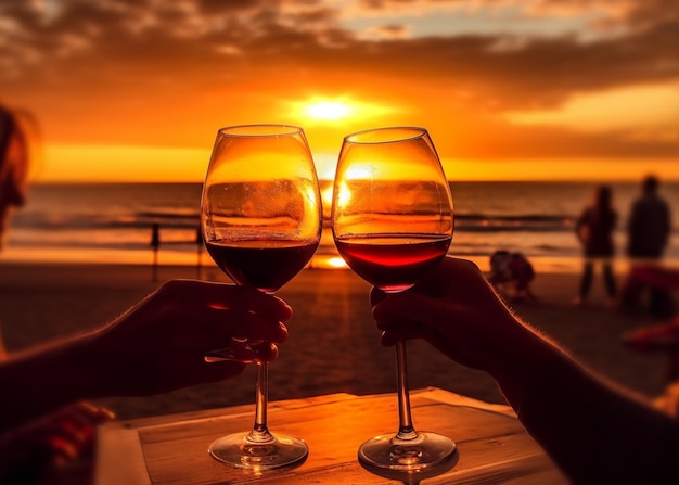 Des amis avec un verre de vin applaudissent sur la promenade de la plage d'Enening au coucher du soleil, l'été de la mer.