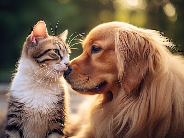 Amitié animale chien golden retriever et chat mignon touchant le nez émotivité romantique drôle et