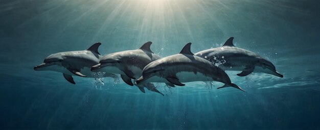 Amitié aquatique Un troupeau de dauphins montrant l'harmonie dans une photo de double exposition en gros plan