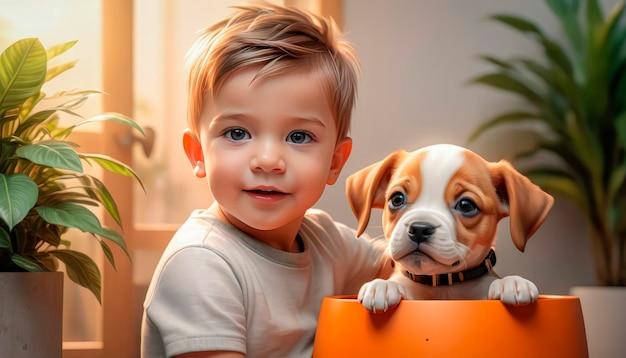 L'amitié entre l'homme et le chien Le mignon garçon avec son ami chiot
