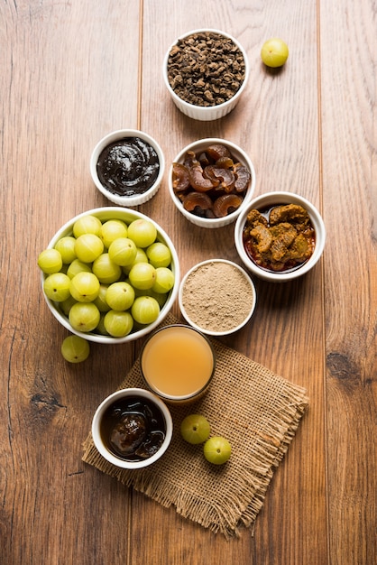 Amla ou groseille indienne et c'est par des produits comme Chyawanprash, Jus, Digestive Supari ou Mouth Freshner, Powder, Sweet Murabba, Pickle