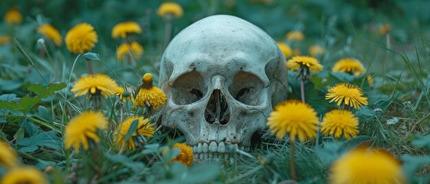 Photo among the dandelions weeds and grass in a field meadow is a human skeleton