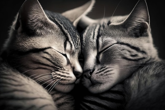 Amour de chat Couple de chat étreignant câlins et embrassant Deux chatons mignons de chat amoureux tenant un coeur rouge le jour de la Saint-Valentin Generative AI