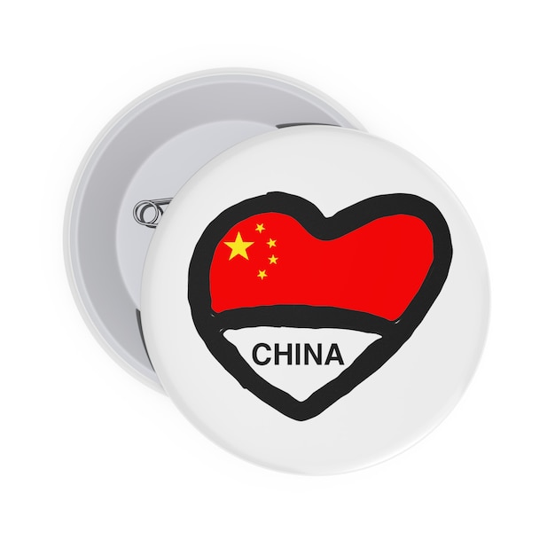 Amour Chine Concept. Pin's blancs avec coeur, drapeau de la Chine et signe sur fond blanc. Rendu 3D