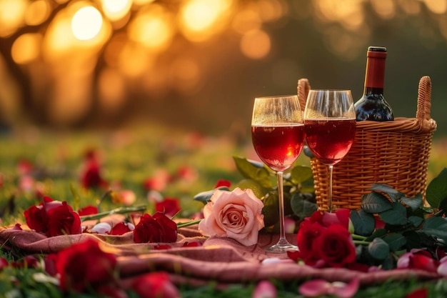 L'amour dans la nature Pique-nique de la Saint-Valentin avec du vin et des roses