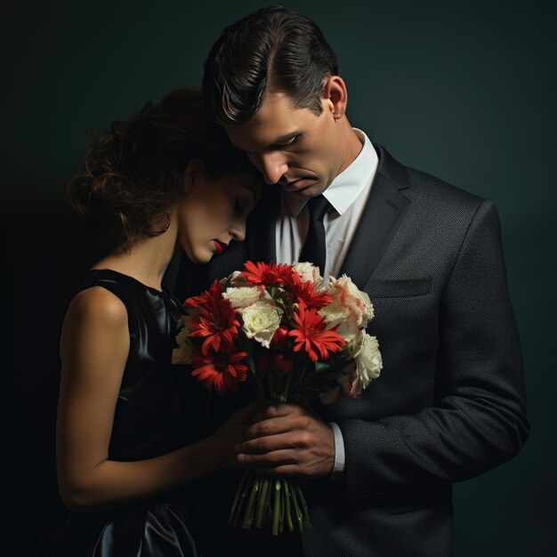 L'amour éternel a capturé une photo VogueStyle d'un couple marié serein l'embrassant avec un bouquet