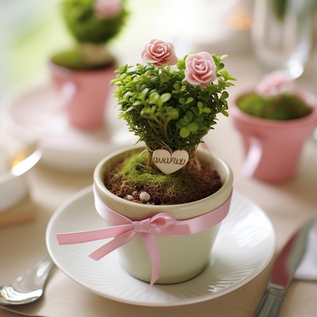 L'amour en fleurs Une plante en pot miniature à une réception de mariage