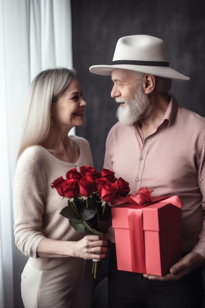 Amour heureux et femme recevant un cadeau de son mari pour la saint valentin créé avec générative ai