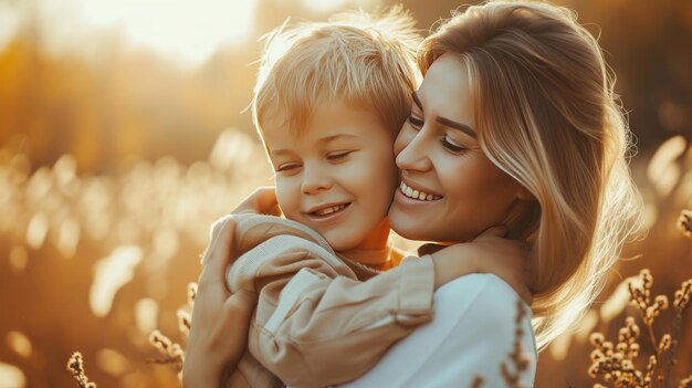 L'amour liant l'étreinte chaleureuse d'une belle mère et de son mignon fils dans la poursuite du bonheur