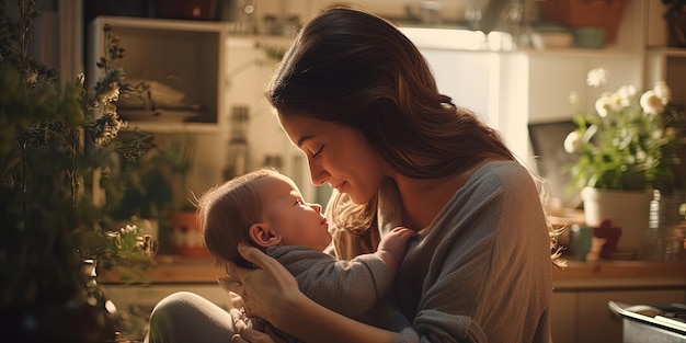 Amour d'une mère et d'un bébé Famille à la maison