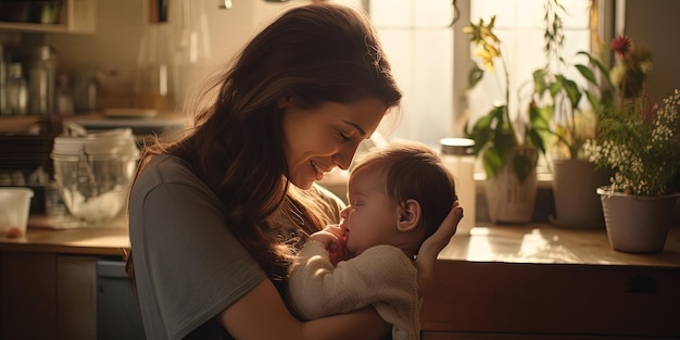 Amour d'une mère et d'un bébé Famille à la maison