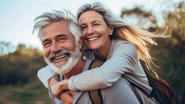 Un amour mûr se promène Un couple heureux s'embrassant dans le parc