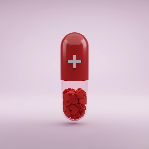 L'amour peut guérir la pilule de médecine capsule conceptuelle transparente avec illustration de rendu 3D en forme de coeur rouge interne