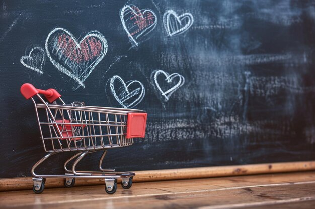 Photo amour pour faire du shopping petit coeur de chariot doodles sur un charmant tableau noir