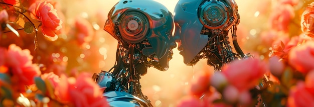L'amour sans frontières Deux robots amoureux s'embrassent parmi les fleurs AI générative