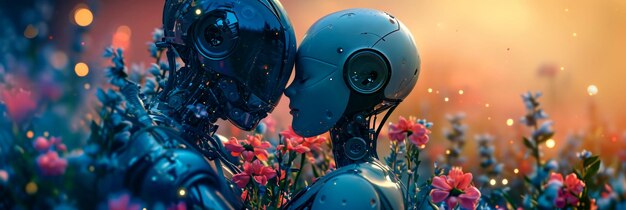 L'amour sans frontières Deux robots amoureux s'embrassent parmi les fleurs AI générative