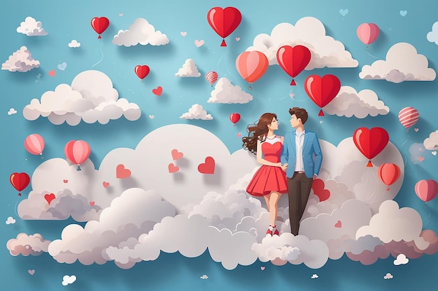 Amour de style papier de ballon de la Saint-Valentin survolant un nuage avec un coeur flottant sur la lune de miel du couple ciel