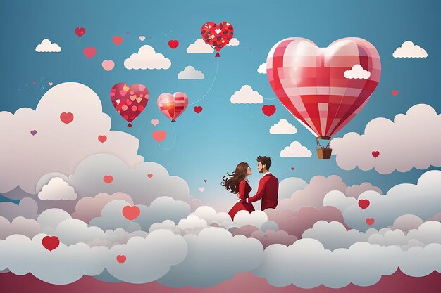 Amour de style papier de ballon de la Saint-Valentin survolant un nuage avec un coeur flottant sur la lune de miel du couple ciel