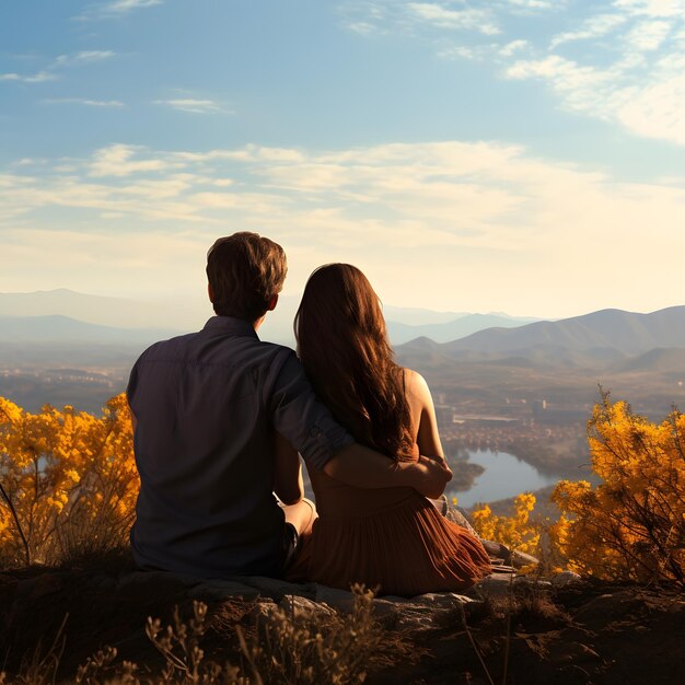 des amoureux assis avec le dos à la caméra regardant le paysage