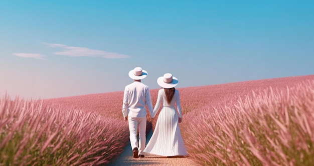 Photo les amoureux marchent main dans la main dans un décor de conte de fées sur fond rose