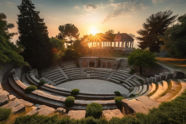 Amphithéâtre classique avec vue sur le coucher de soleil entouré de verdure