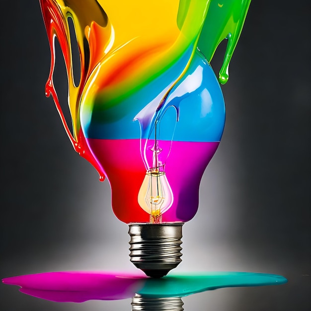 Ampoule abstraite et peinture colorée dégoulinant dans l'éclairage électrique