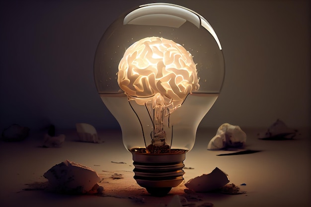 Ampoule avec cerveau à l'intérieur Ampoule à énergie mentale Idée génie créativité perspicacité concept IA générative