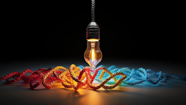 une ampoule sur une chaîne de câbles colorés dans le style de l'art net