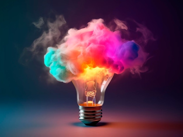 Une ampoule colorée brille avec un éclat créatif symbolisant les idées couleurs de l'arc-en-ciel fumée colorée concept d'idée créative AI art d'illustration génératif