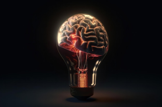 Une ampoule conceptuelle avec un cerveau brillant à l'intérieur représentant l'intelligence et les idées est AI Generative