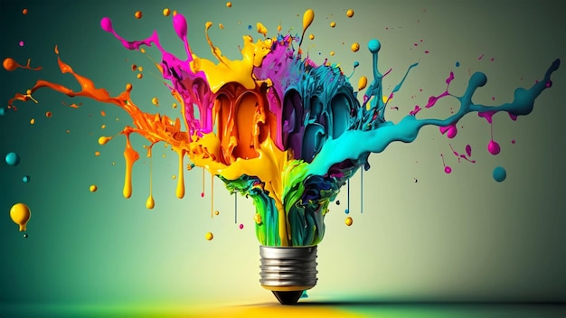 Ampoule créative avec explosion de couleurs de peinture générée par IA générative