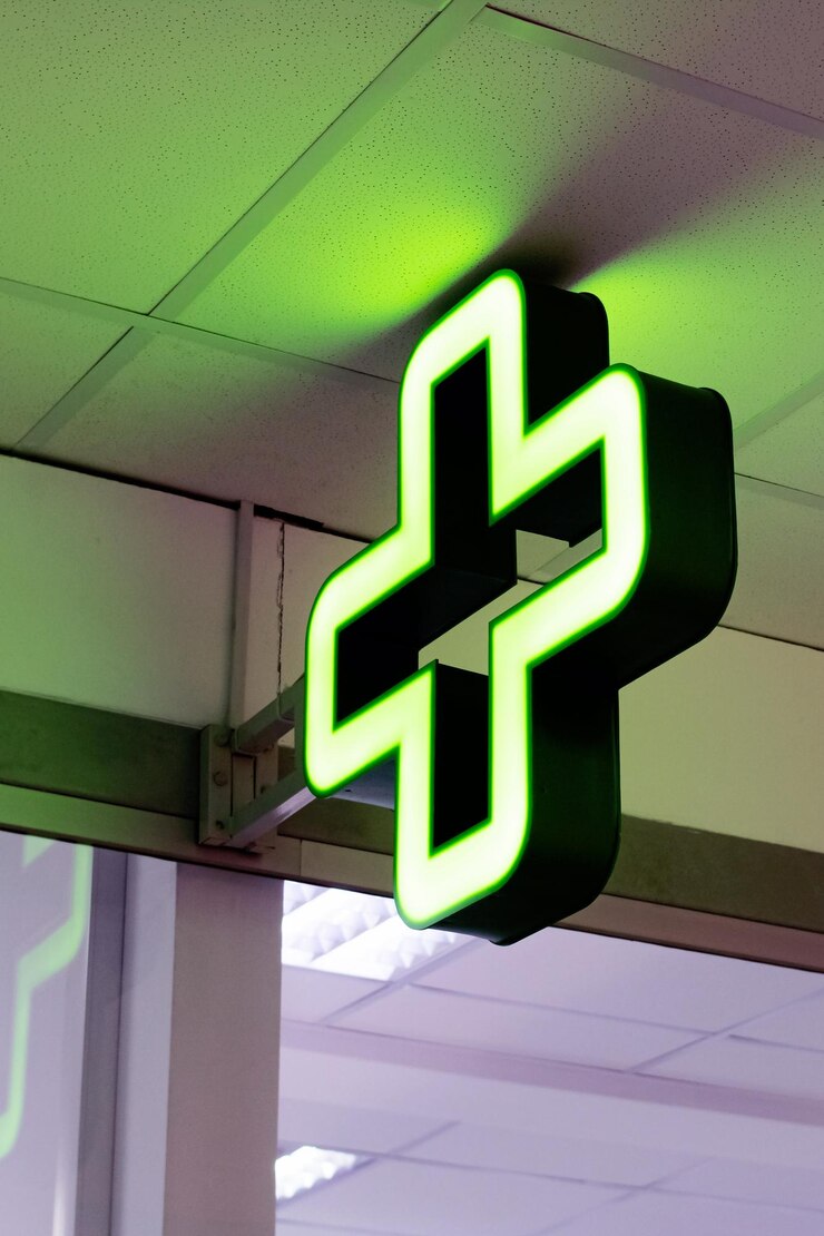 Ampoule croix verte pointeur de pharmacie gros plan intérieur