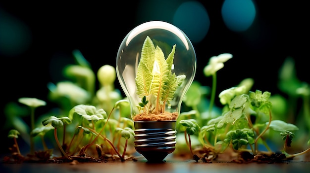 Photo ampoule écologique avec fond vert de plantes énergie renouvelable et durable ai générative