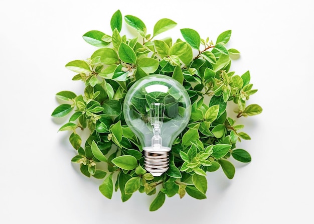 Ampoule écologique générative Ai avec feuilles vertes