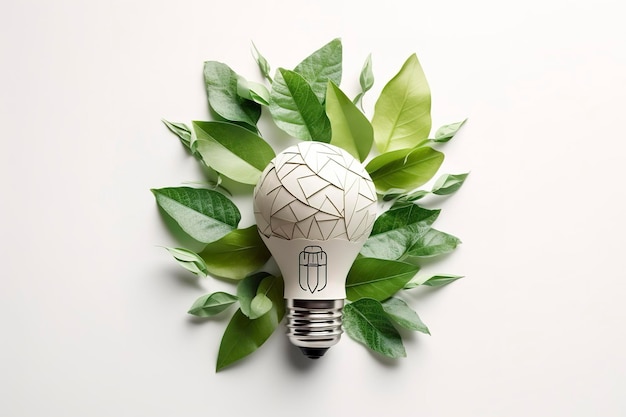 Ampoule écologique à partir de feuilles fraîches vue de dessus concept d'énergie renouvelable et de vie durable créé avec la technologie IA générative