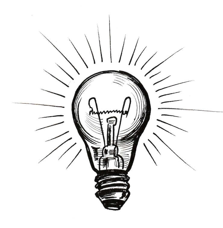 Photo ampoule électrique allumée. dessin noir et blanc à l'encre
