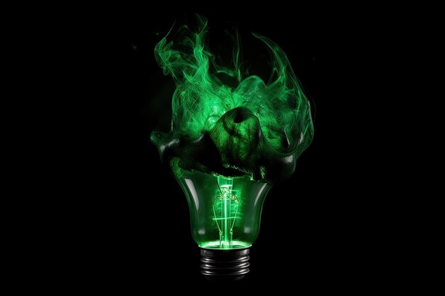 Ampoule électrique avec de la fumée verte à l'intérieur sur un fond noir Concept d'écologie